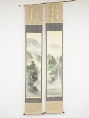 昭和55（1980）年　邦彦筆　夏景山水双幅　肉筆絹本掛軸（共箱）